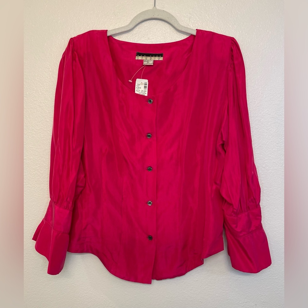 Vintage New York Studio 100% Silk Long Sleeve Elegant Pink‎ Blouse Size L
